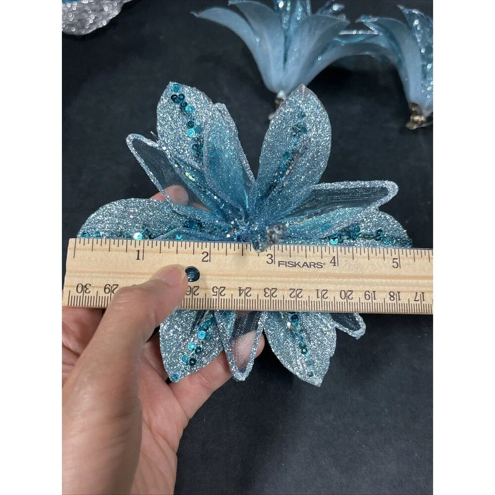 12 Silver/Blue Glittered Christmas Ornaments:Butterflies‎ Dragonfly Bird Flowers